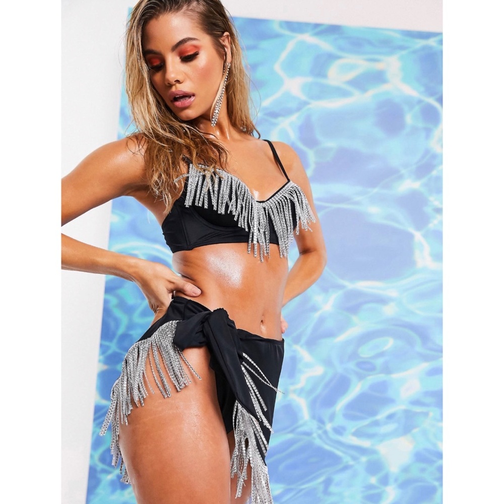 ASOS DESIGN silver fringed tie mini sarong beach skirt and underwire bikini top